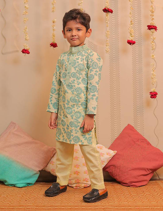 Lemon Yellow And Aqua Blue Kurta Pyjama