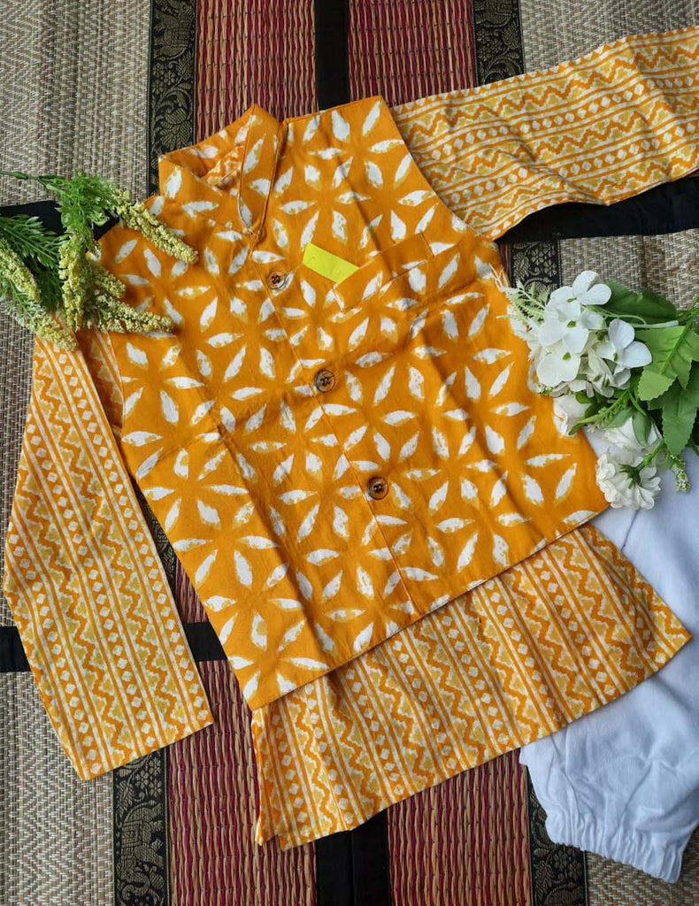 Mango Colour Kurta With Nehru Jacket And White Pyjama Krimakay