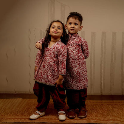 Maroon and White Cotton Silk Kurta with Dhoti Pants for Boys