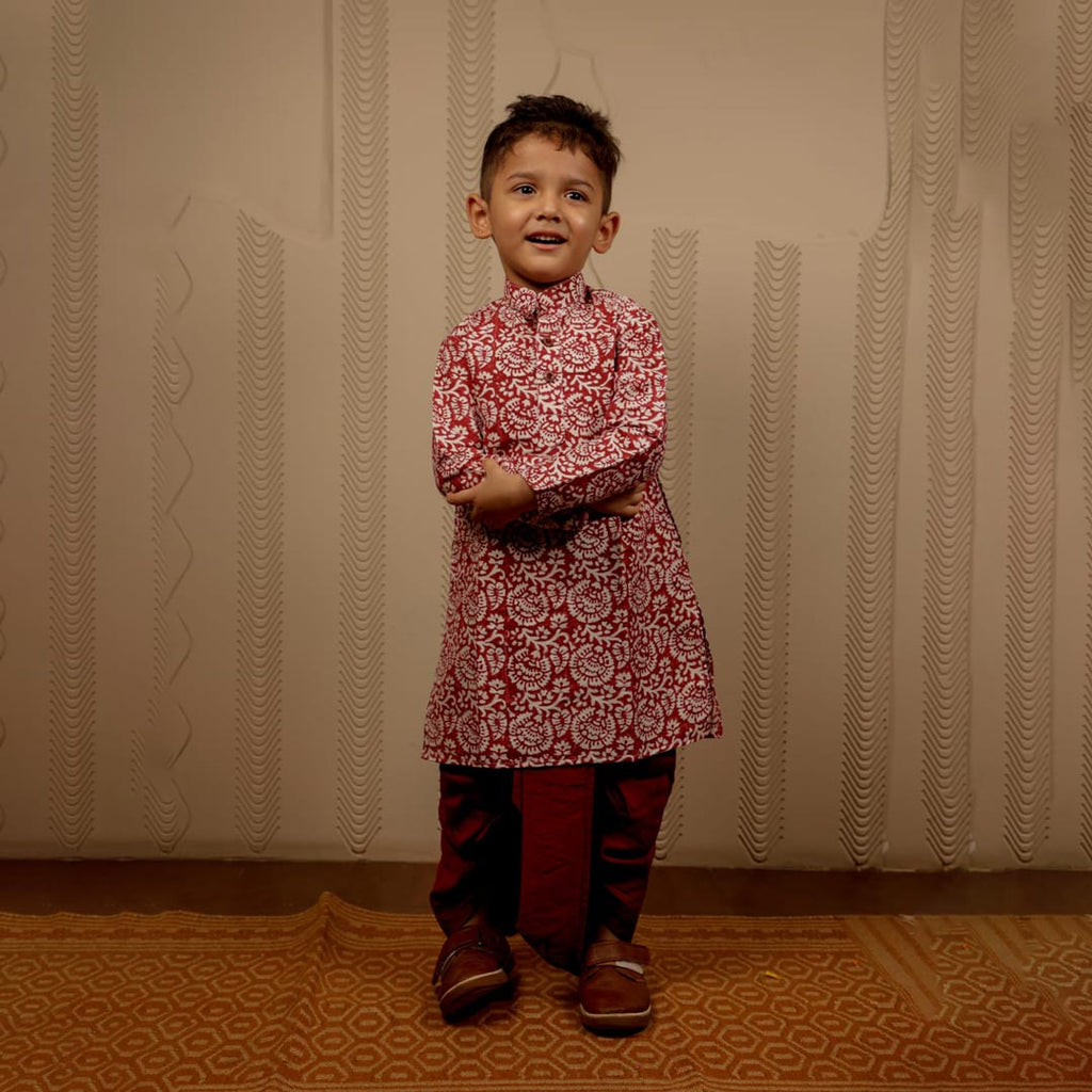 Maroon and White Cotton Silk Kurta with Dhoti Pants for Boys