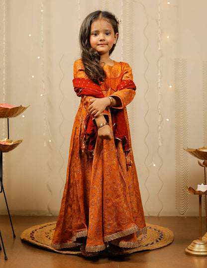 Mustard Block Printed Full Length Kurta with Red Dupatta.