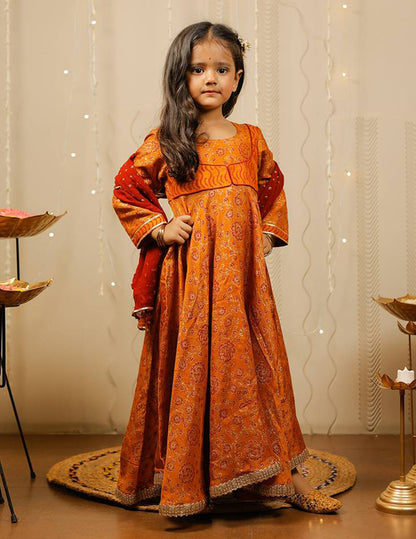 Mustard Block Printed Full Length Kurta with Red Dupatta.
