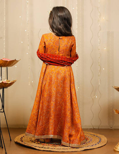 Mustard Block Printed Full Length Kurta with Red Dupatta.