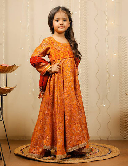 Mustard Block Printed Full Length Kurta with Red Dupatta.