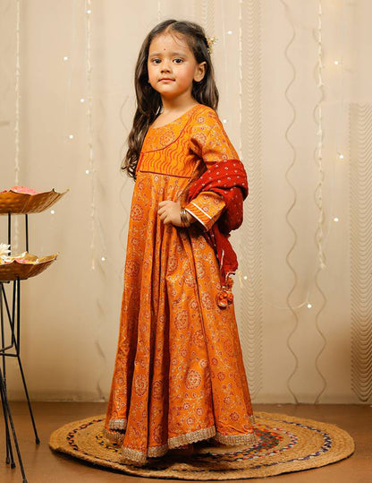 Mustard Block Printed Full Length Kurta with Red Dupatta.