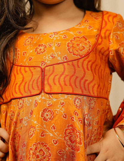 Mustard Block Printed Full Length Kurta with Red Dupatta.