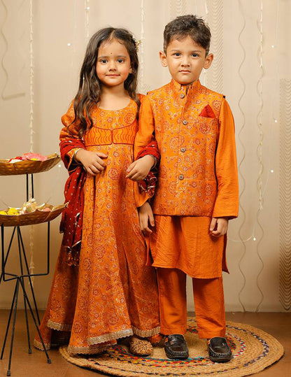 Mustard Block Printed Full Length Kurta with Red Dupatta.
