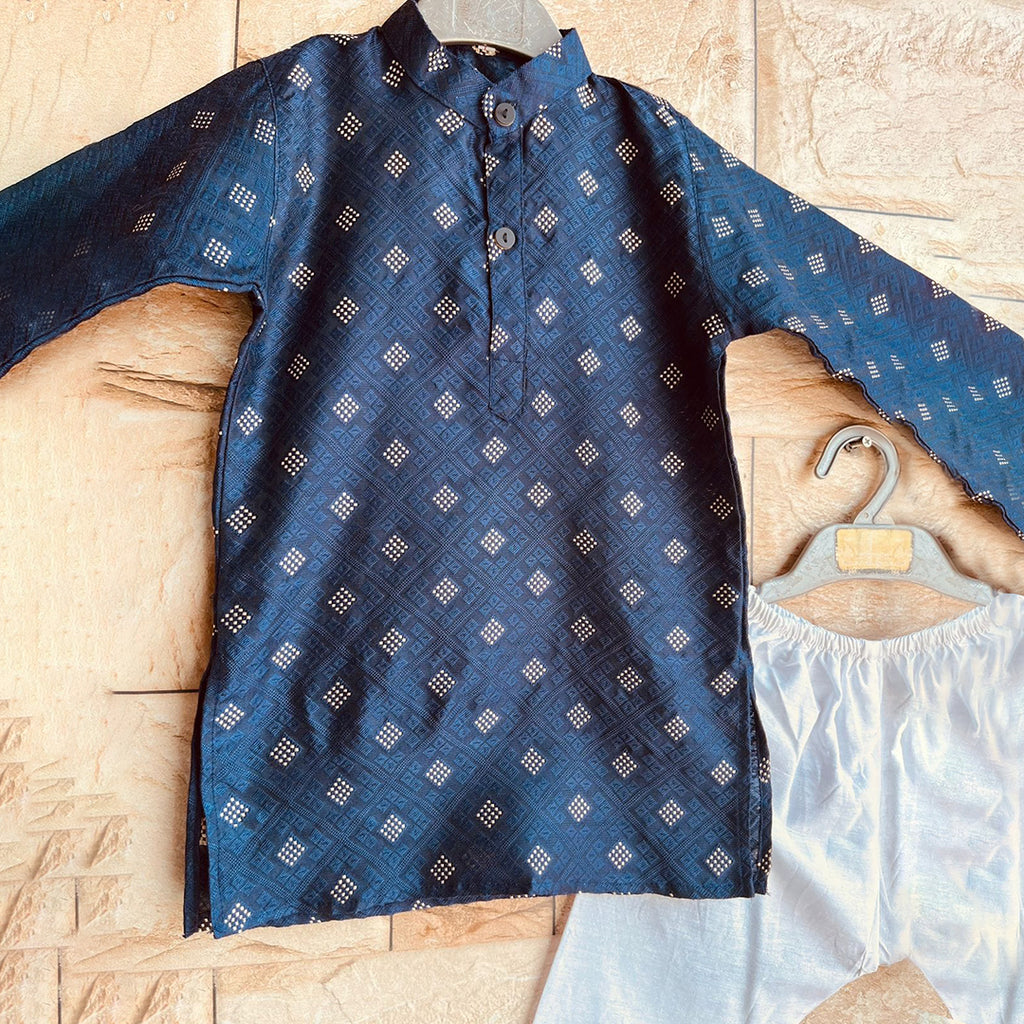 Navy Blue Cotton Jacquard Kurta with White Pyjama for Boys