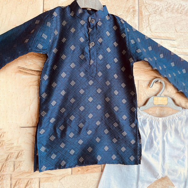 Navy Blue Cotton Jacquard Kurta Pyjama for Boys