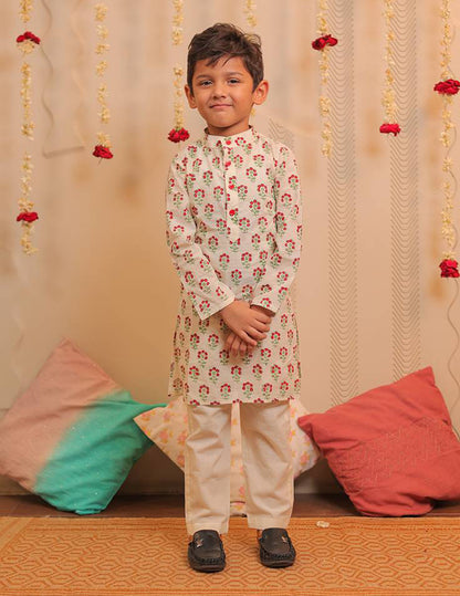 Off-white and Cherry Red Kurta Pyjama