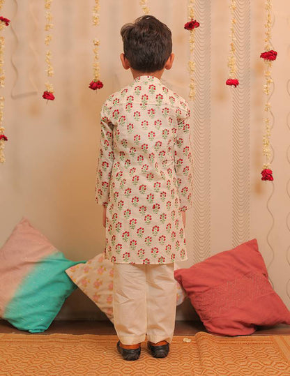 Off-white and Cherry Red Kurta Pyjama