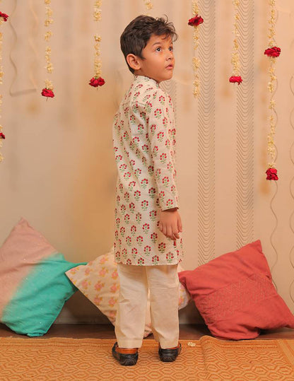 Off-white and Cherry Red Kurta Pyjama