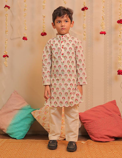 Off-white and Cherry Red Kurta Pyjama