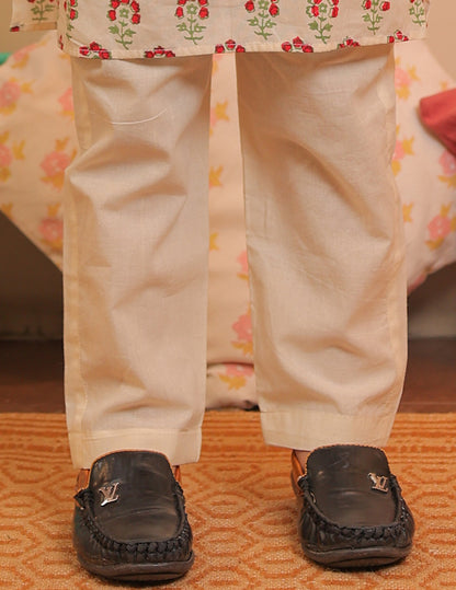 Off-white and Cherry Red Kurta Pyjama