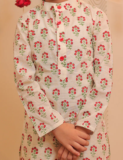 Off-white and Cherry Red Kurta Pyjama