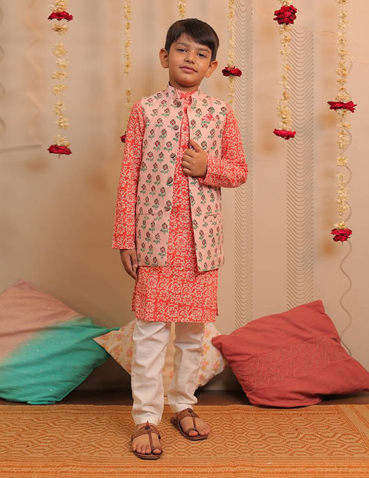 Orange, Peach And White Kurta Pyjama With Jacket Set