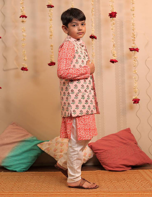 Orange, Peach And White Kurta Pyjama With Jacket Set