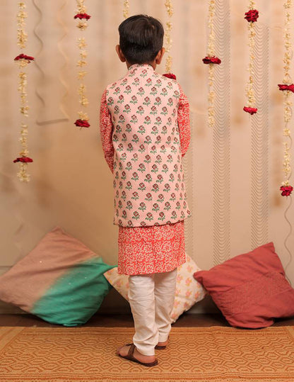 Orange, Peach and White Kurta Pyjama with Jacket Set