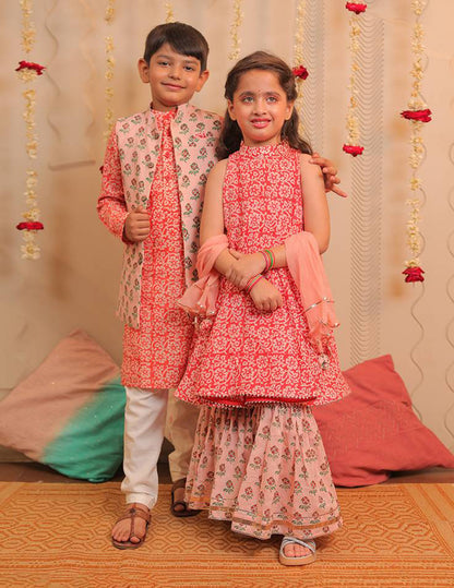 Orange, Peach and White Kurta Pyjama with Jacket Set