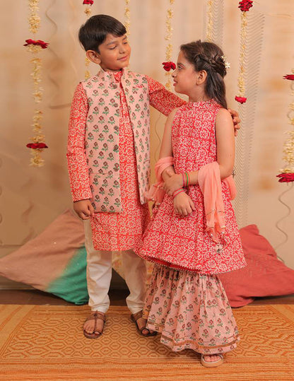 Orange, Peach and White Kurta Pyjama with Jacket Set