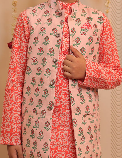 Orange, Peach and White Kurta Pyjama with Jacket Set