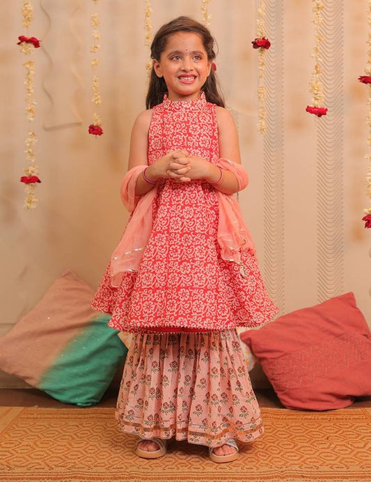 Orange Peach And White Kurta With Gharara And Dupatta