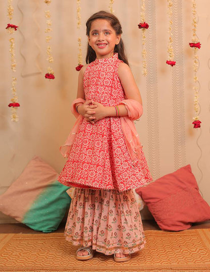 Orange Peach and White Kurta with Gharara and Dupatta