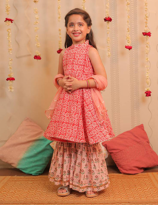 Orange Peach And White Kurta With Gharara And Dupatta