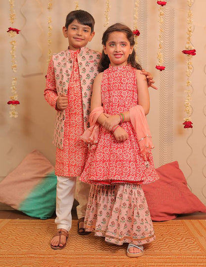 Orange Peach and White Kurta with Gharara and Dupatta