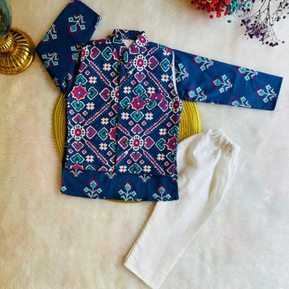 Blue Patola Print Bundi with Kurta and White Pajama