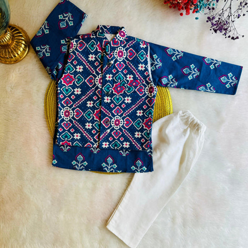 Blue Patola Print Bundi with Kurta and White Pajama