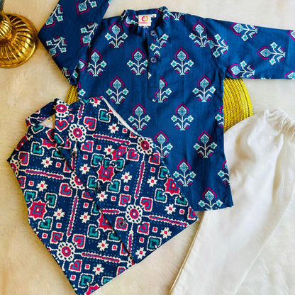 Blue Patola Print Bundi with Kurta and White Pajama