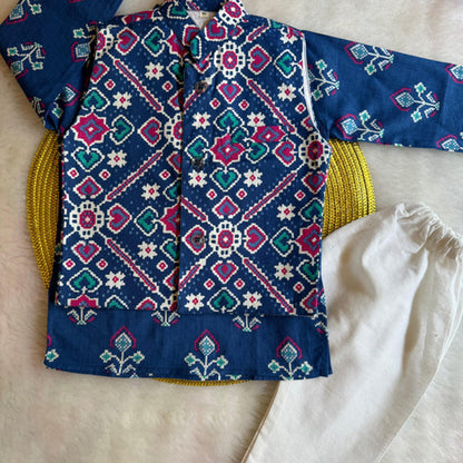 Blue Patola Print Bundi with Kurta and White Pajama