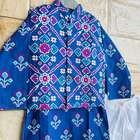 Blue Patola Print Bundi With Kurta And White Pajama