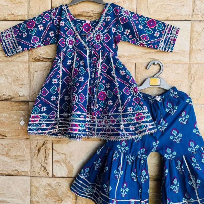 Patola Print Blue Cotton Sharara Set for Girls