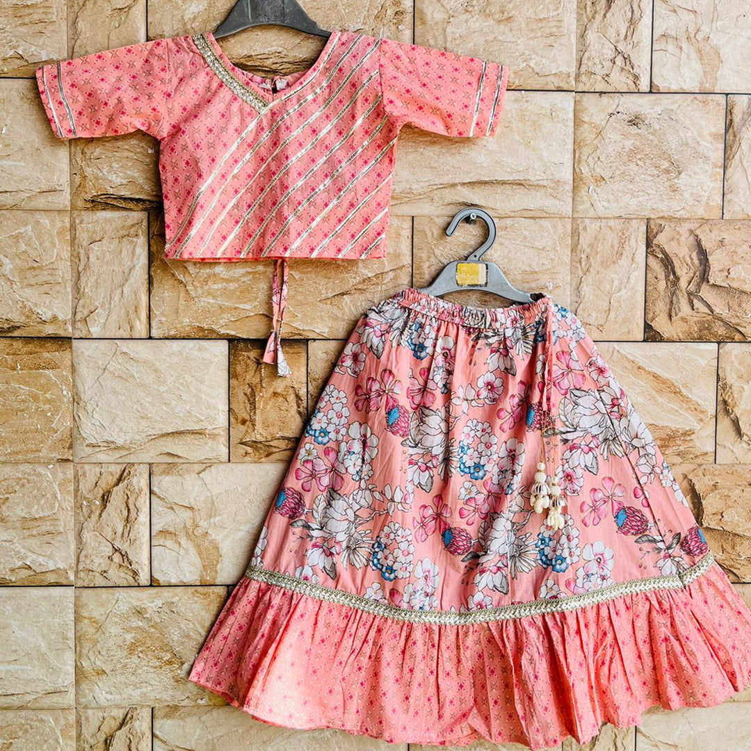 Peach Floral Cotton Lehenga with Crop Top and Gota Detailing for Girls