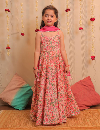 Pink and White Anarkali Kurta with Dupatta