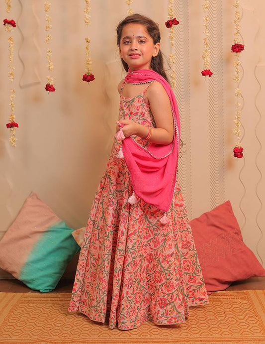 Pink And White Anarkali Kurta With Dupatta