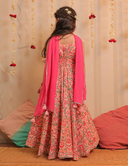 Pink and White Anarkali Kurta with Dupatta