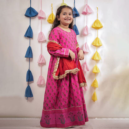 Pink Block Printed Anarkali with Dupatta
