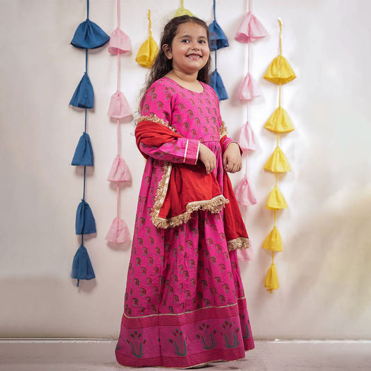 Pink Block Printed Anarkali With Dupatta