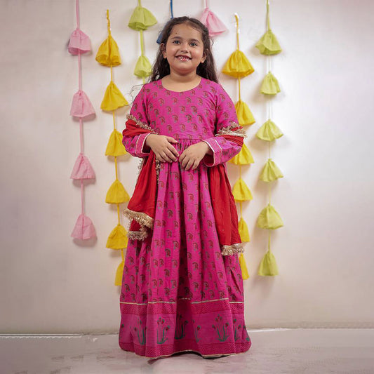 Pink Block Printed Anarkali With Dupatta