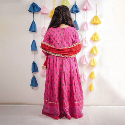 Pink Block Printed Anarkali with Dupatta