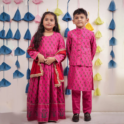Pink Block Printed Anarkali with Dupatta