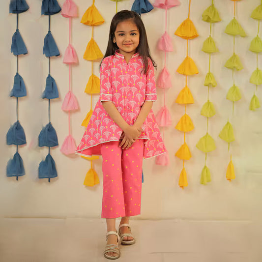 Pink Block Printed High Low Kurta Set