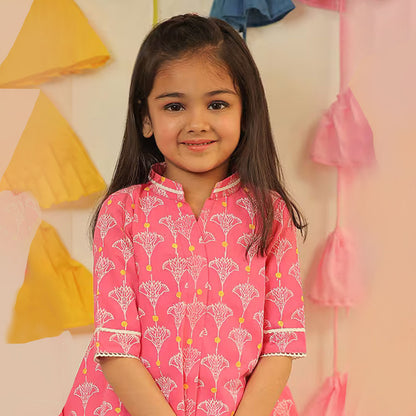 Pink Block Printed High Low Kurta Set