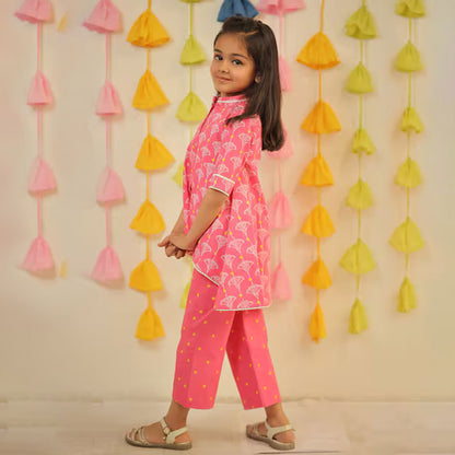 Pink Block Printed High Low Kurta Set