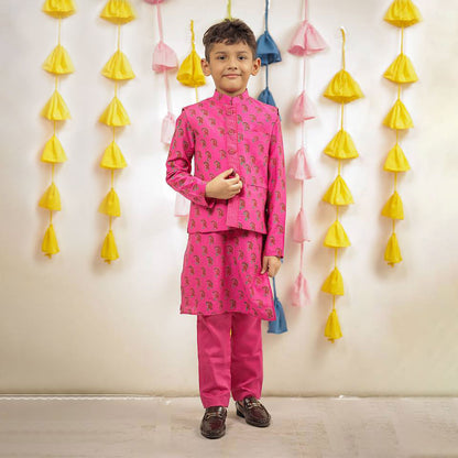 Pink Block Printed Kurta Set with Jacket
