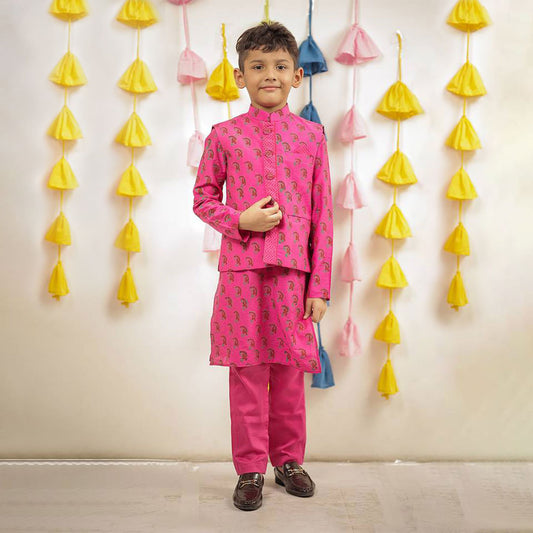 Pink Block Printed Kurta Set With Jacket