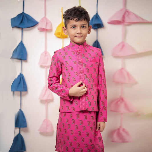 Pink Block Printed Kurta Set With Jacket